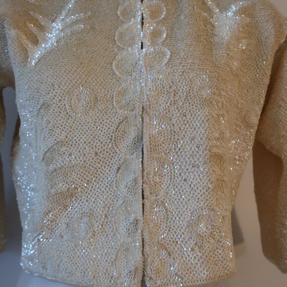 Womens Made in British Crown Colony of Hong Kong Ivory Sequined Blazer Jacket M - Picture 5 of 12